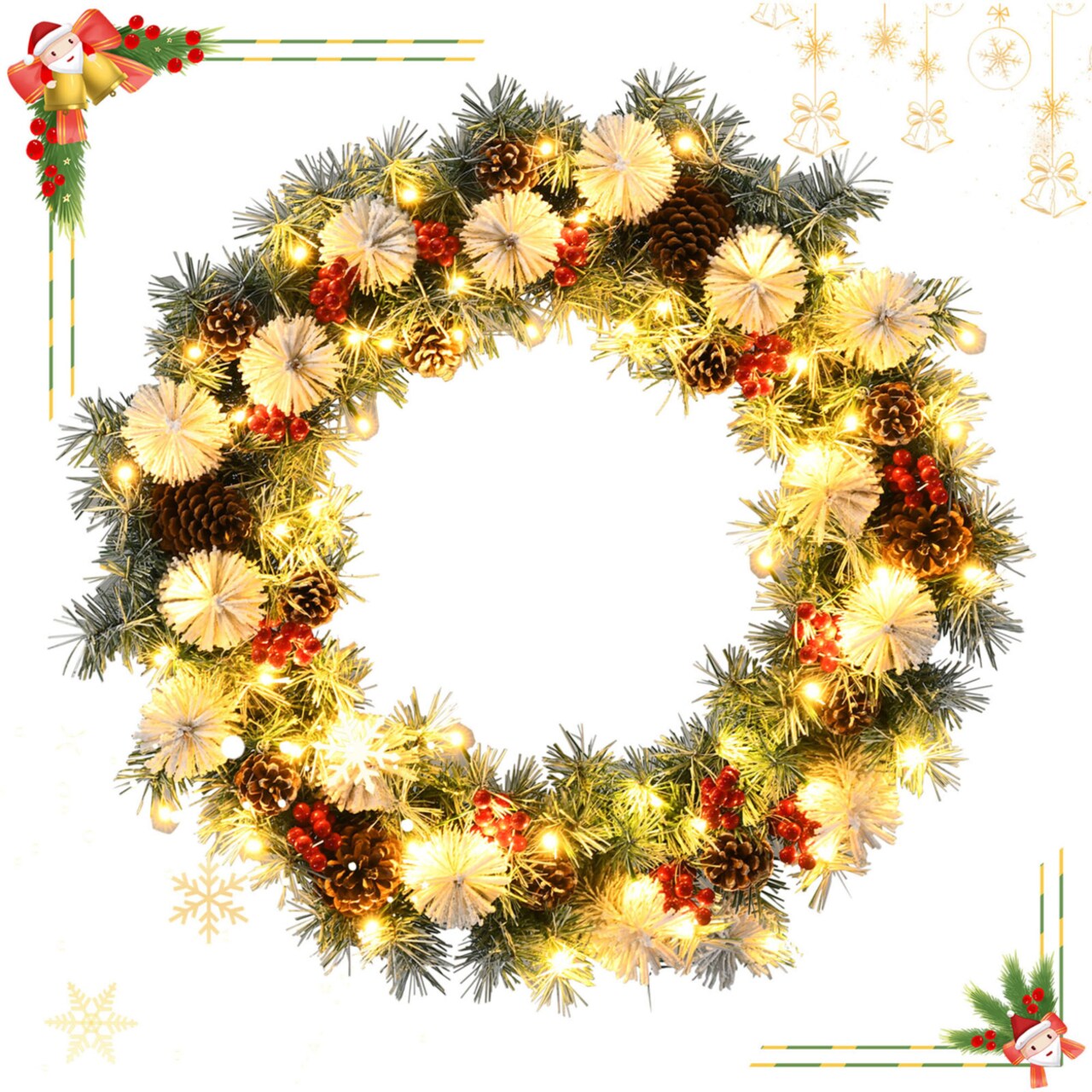 Gymax 30'' Pre-lit Artificial Snow Flocked Christmas Wreath w/ 50 LED Lights